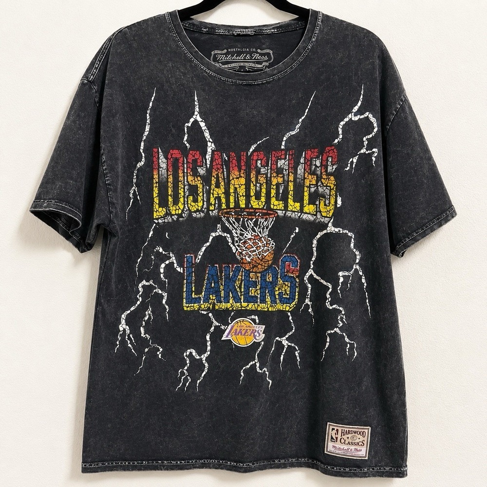 Mitchell & Ness LA Lakers Acid Wash T Shirt Men's L Hardwood Classics Graphic‎